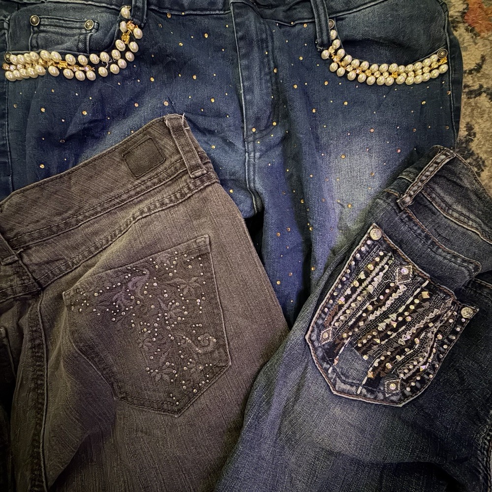 Lot of 3 Y2K Jeans 10/12 Mix Styles Studded Bling Rhinestone Reseller Bundle